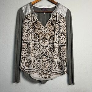 Hale‎ Bob Long Sleeve Embellished Paisley Aztec Boho Print Top Blouse Gray Sz XS